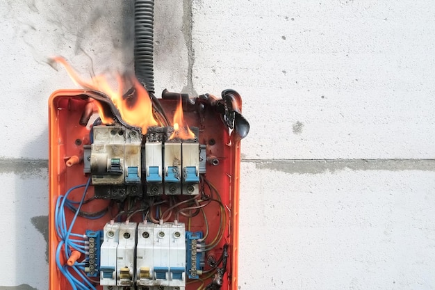 Tableau de commutation en feu dû à une surcharge ou à un court-circuit sur le mur