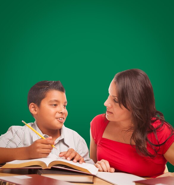 Un tableau de craie blanc derrière un jeune garçon hispanique et une femme adultes qui étudient