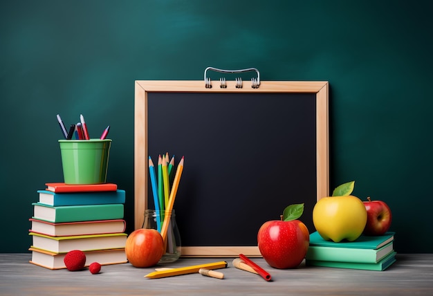 Un tableau à craie avec des pommes et des crayons sur une table