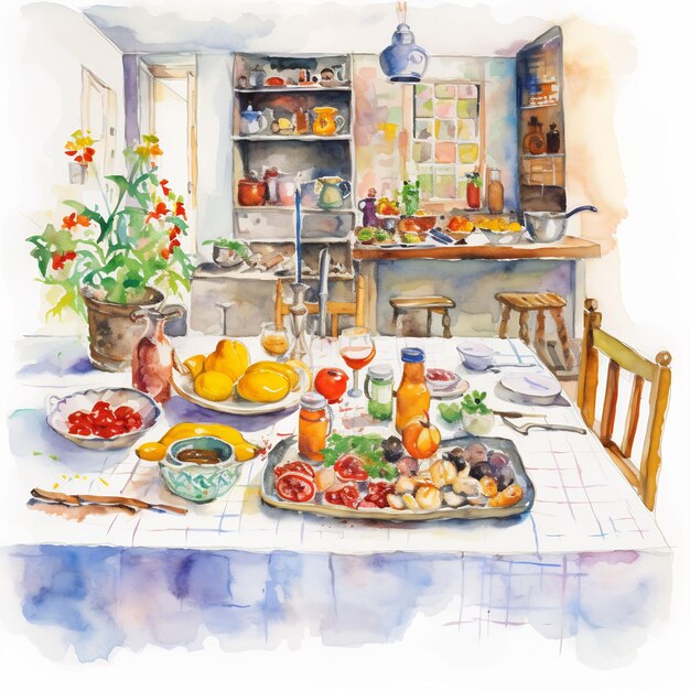 un tableau d'une cuisine avec une table pleine de nourriture et un tableau d'une cuisine