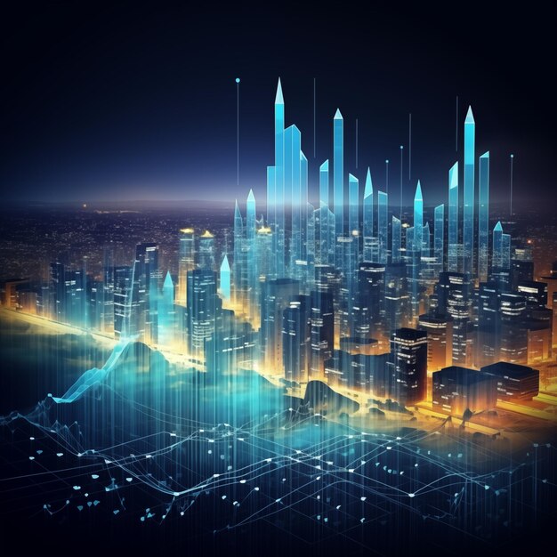 Tableau de données sur la vue nocturne de la ville en toile de fond, analyse des investissements dans les technologies commerciales, IA générative