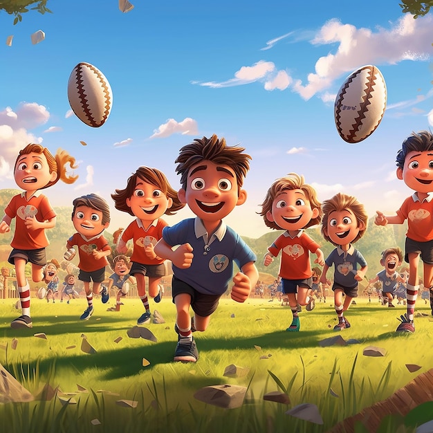 Un tableau d'enfants courant avec un ballon de rugby.