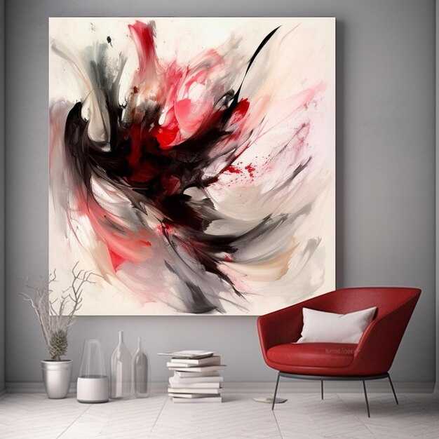 Un tableau est accroché au mur d'une pièce avec une chaise rouge et une chaise rouge.