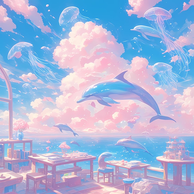 Tableau éthérique de l'océan avec la flottille capricieuse de dauphins et de méduses