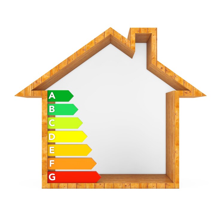Photo tableau d'évaluation de l'efficacité énergétique dans la maison écologique en bois abstraite sur fond blanc. rendu 3d