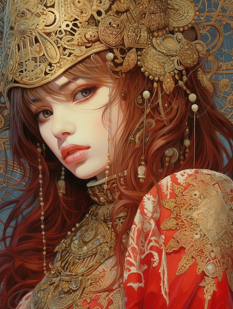 Un tableau d'une femme aux cheveux roux et au chapeau doré.