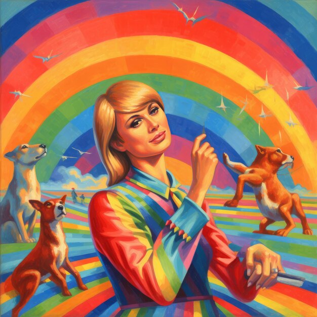 Un tableau d'une femme avec des chiens et les mots " chiens ".