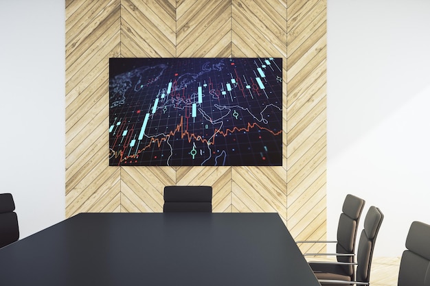 Tableau financier créatif abstrait et carte du monde sur écran de télévision de présentation dans un concept de recherche et d'analyse de salle de réunion moderne Rendu 3D