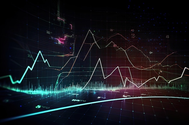 Le tableau financier sur fond sombre représente l'analyse et l'analyse des données financières Les graphiques financiers les lignes et les diagrammes brillants sur l'écran numérique générés par l'IA