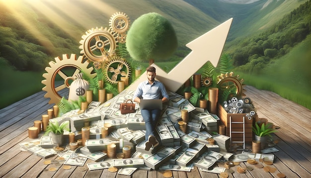 Un tableau financier surréaliste Une personne détendue au sommet de piles d'argent entourée de pièces de monnaie en croissance et de gé