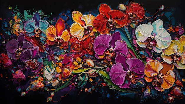 Un tableau de fleurs aux couleurs des fleurs.