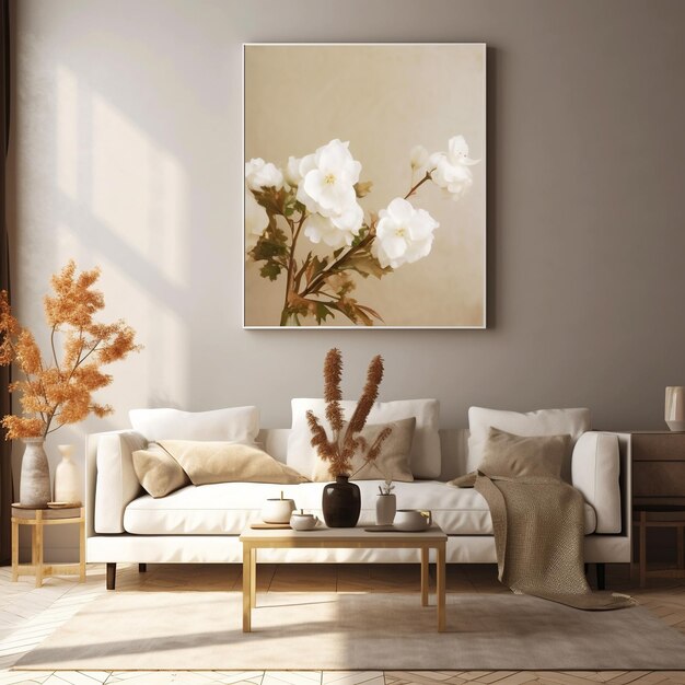 Un tableau de fleurs blanches est accroché au mur au-dessus d'une table basse.