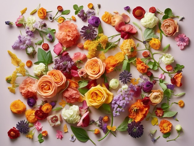 Un tableau de fleurs de différentes couleurs et le mot amour dessus