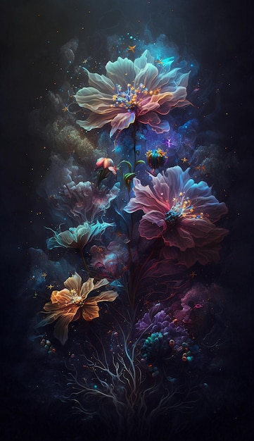 Un tableau de fleurs avec un fond bleu et les mots "nuit" dessus