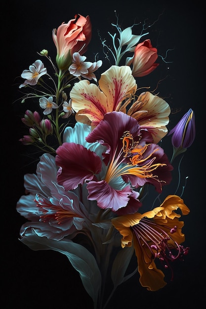 Un tableau de fleurs sur fond noir