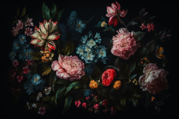 Un tableau de fleurs sur fond noir