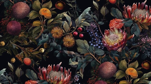 Un tableau de fleurs et de fruits sur fond noir.