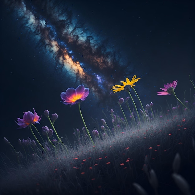 Photo un tableau de fleurs avec une galaxie en arrière-plan