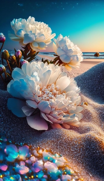 Un tableau de fleurs sur la plage