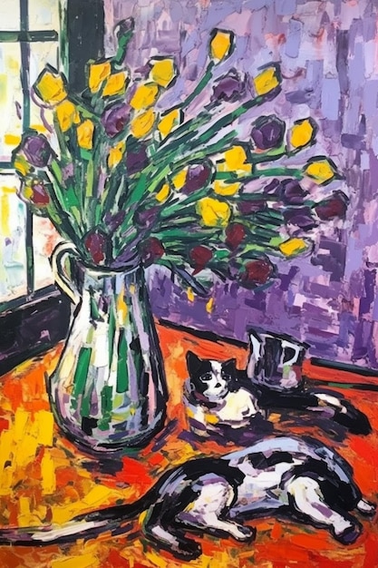 Un tableau de fleurs et un vase avec deux chats dessus.