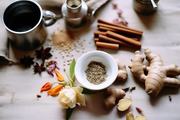 Photo tableau avec des ingrédients de chai, des feuilles de thé, du gingembre et de la cardamome