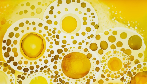 Un tableau jaune et blanc avec des cercles de différentes tailles et couleurs.