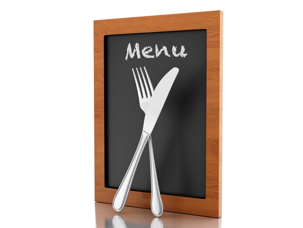 Tableau de menu 3D avec fourchette et couteau.