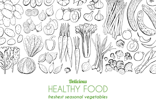 Tableau de menu d'aliments sains dessiné à la main Illustration de contour vectoriel
