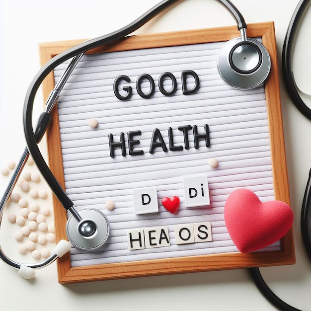 Photo tableau de messages de bonne santé avec stéthoscope sur fond blanc