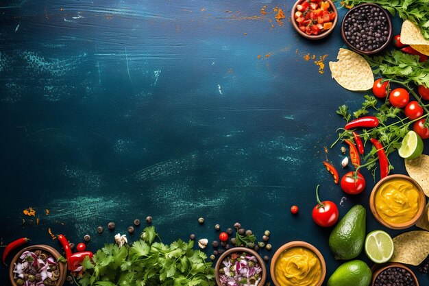 Tableau noir au milieu de la nourriture mexicaine sur fond bleu