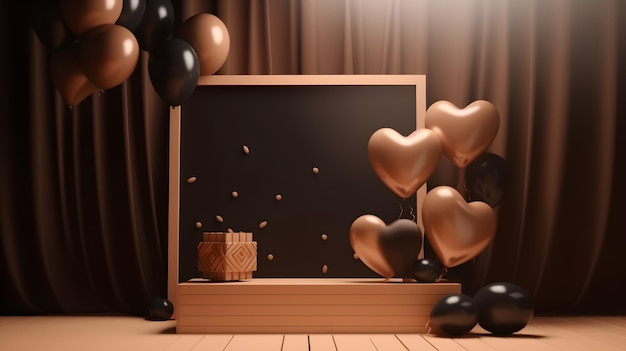 Un tableau noir avec une boîte en forme de coeur et des ballons dessus.