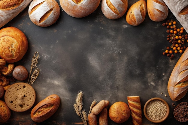 Un tableau noir dans une boulangerie avec des miches de pain et des petits pains dorés rustiques en arrière-plan une vue aérienne d'une vue de dessus de la nature morte mise à plat