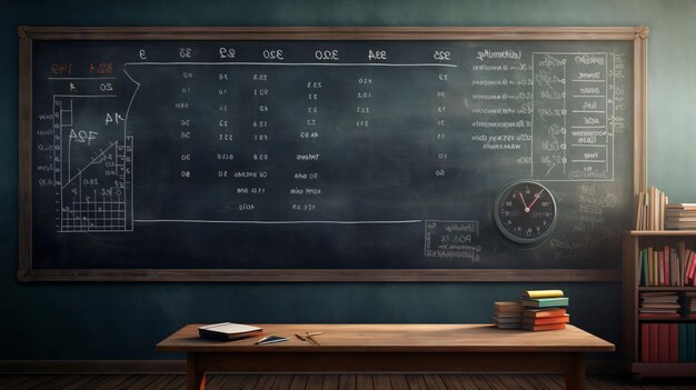 Tableau noir de l'école avec l'horaire de l'éducation sur une table en bois Rendering 3D