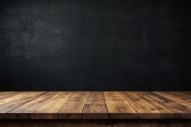 un tableau noir avec un tableau à craie sur lui et une table en bois avec une table de bois devant lui