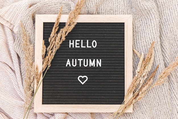 Tableau noir avec texte phrase Bonjour l'automne et herbe séchée allongé sur un pull en tricot blanc