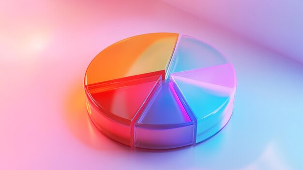 Tableau pie 3D flottant avec des segments de couleur gradient brillant et des reflets de lumière conception futuriste