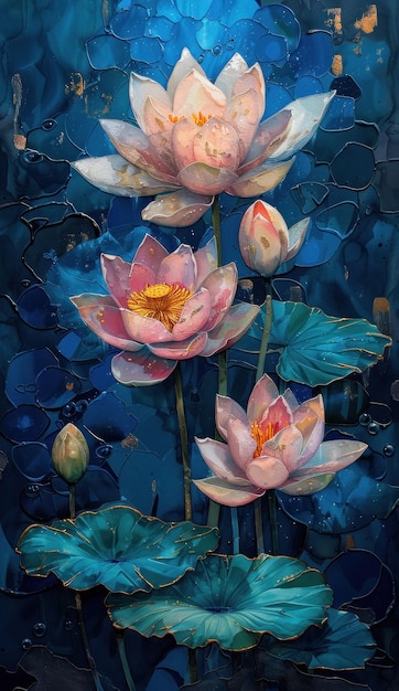 Ce tableau présente trois fleurs roses qui s'épanouissent sur un fond bleu apaisant.