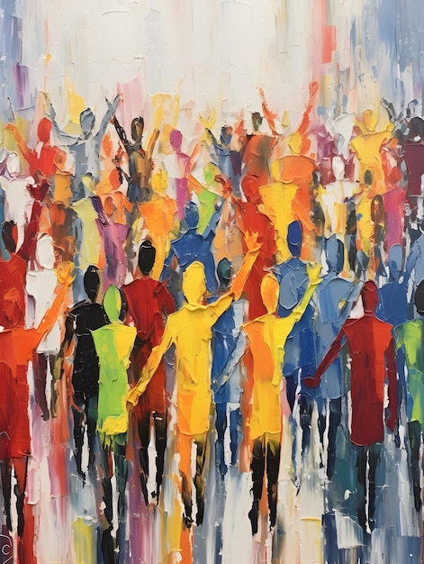 Un tableau représentant un rassemblement varié de manifestants marchant pour la justice sociale et l'égalité