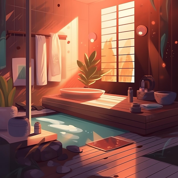 Un tableau d'une salle de bain avec une baignoire et une plante au mur.