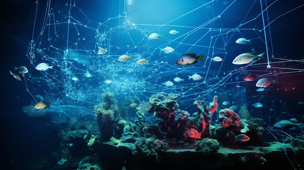 Photo un tableau sous-marin présentant un réseau complexe de capteurs et de vie marine mettant l'accent sur la technologie