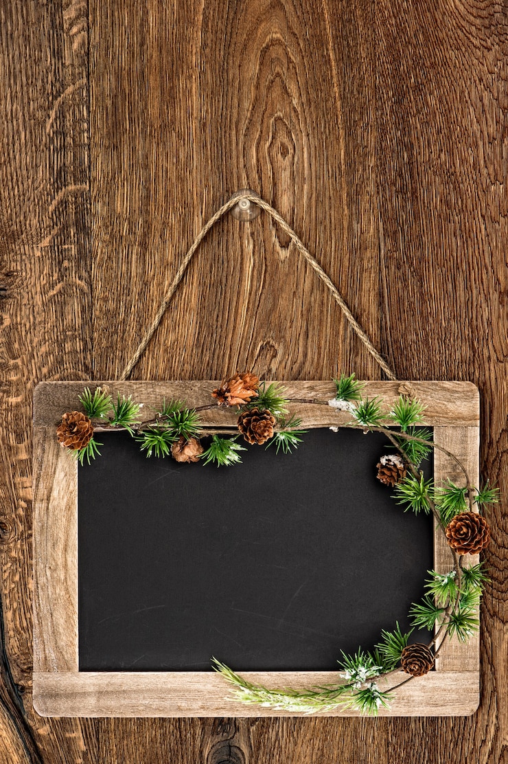 Photo tableau de style rétro sur fond rustique de décoration de bruch d'arbre de noël de mur en bois