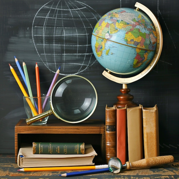 Tableau avec stylo près des cahiers et du globe
