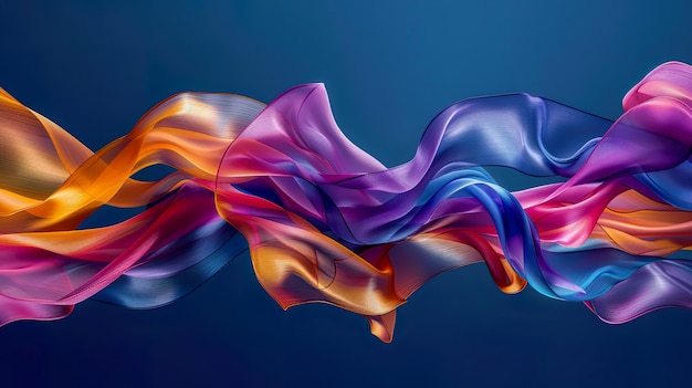 Un tableau vibrant de rubans de soie coulant sur un fond bleu foncé plein de mouvement et de couleur