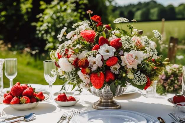 Des tableaux de campagne, des tables de dîner formelles, des tableaux avec des décorations de fraises pour les fêtes de mariage et les fêtes, des célébrations génératives.