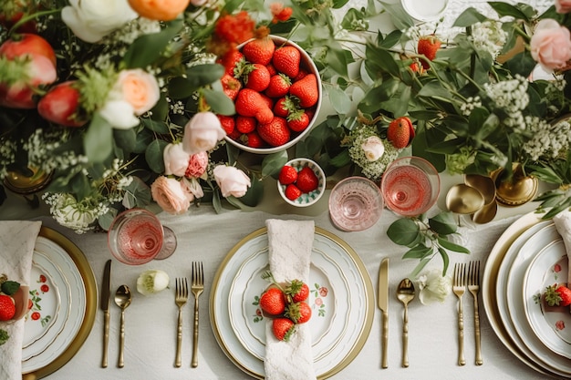 Des tableaux de campagne, des tables de dîner formelles, des tableaux avec des décorations de fraises pour les fêtes de mariage et les fêtes, des célébrations génératives.