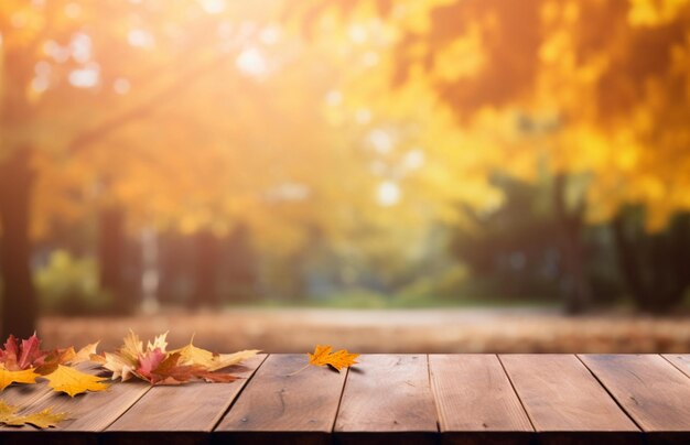 Tables en bois avec feuilles d'automne toile de fond floue