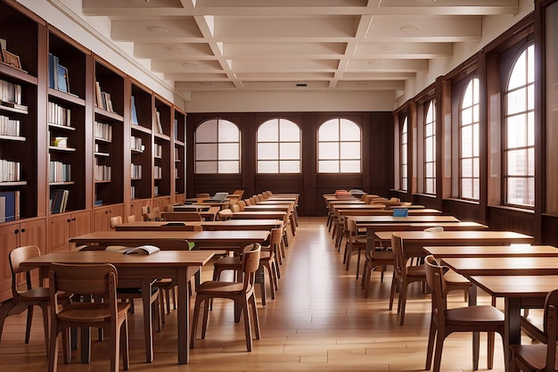 Des tables et des chaises en bois dans une bibliothèque vide