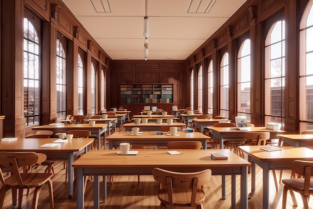 Des tables et des chaises en bois dans une bibliothèque vide