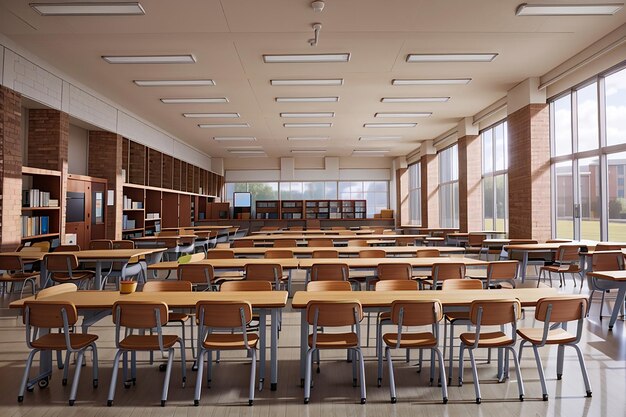 Des tables et des chaises disposées dans une bibliothèque vide d'un lycée