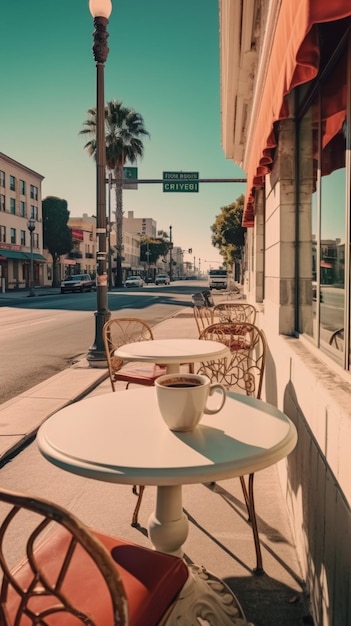 Photo des tables et des chaises sur un trottoir avec un panneau de rue en arrière-plan